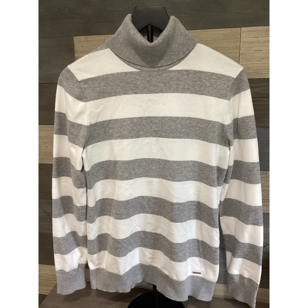 Tommy Hilfiger‎ Womens Med Striped Turtleneck Sweater Gray White Button Cuff